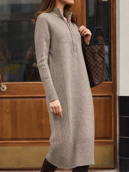Half-Zip Ribbed Knit Sweater Dress