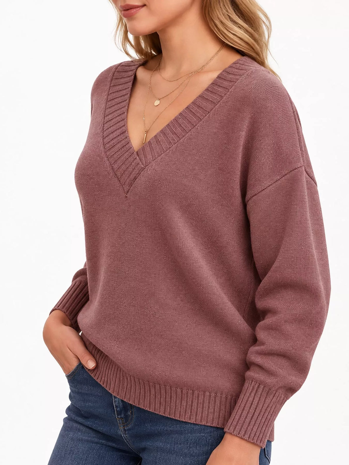Full Size V-Neck Dropped Shoulder Sweater Plus Size