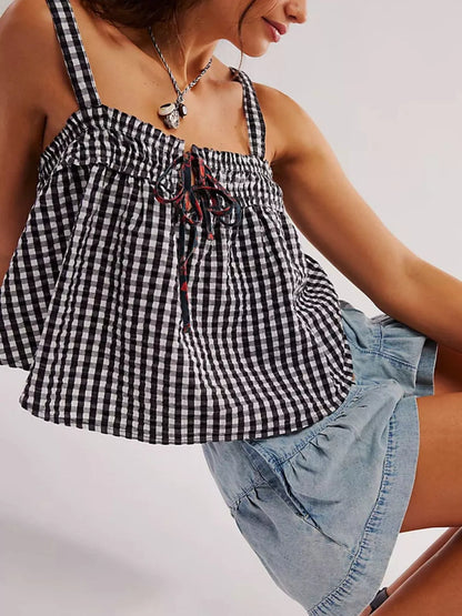 Smocked Gingham Tie-Front Cami