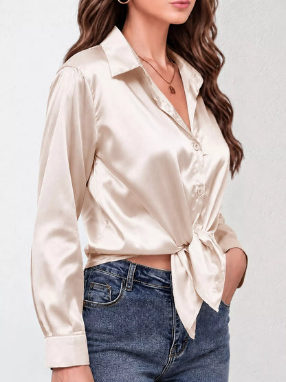 Satin Button-Down Long Sleeve Shirt