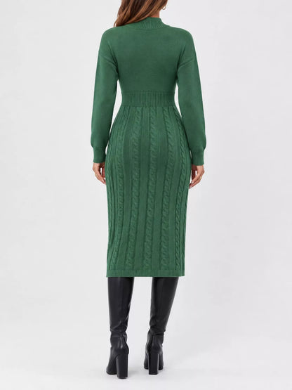 Full Size Mock Neck Cable Knit Sweater Dress with Front Slit Plus Size