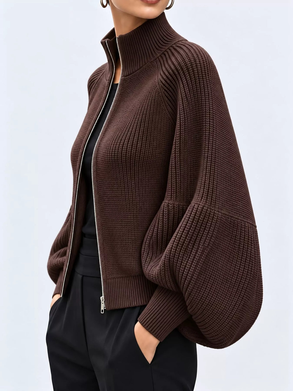 Full Size Elegant Ribbed Knit Zip-Up Cardigan with Lantern Sleeves Plus Size