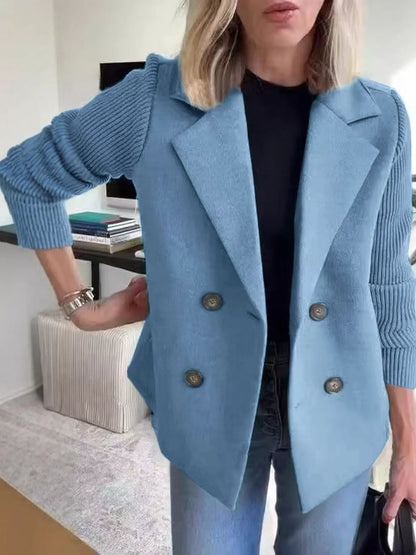 Full Size Double-Breasted Hybrid Blazer with Ribbed Knit Sleeves Plus Size