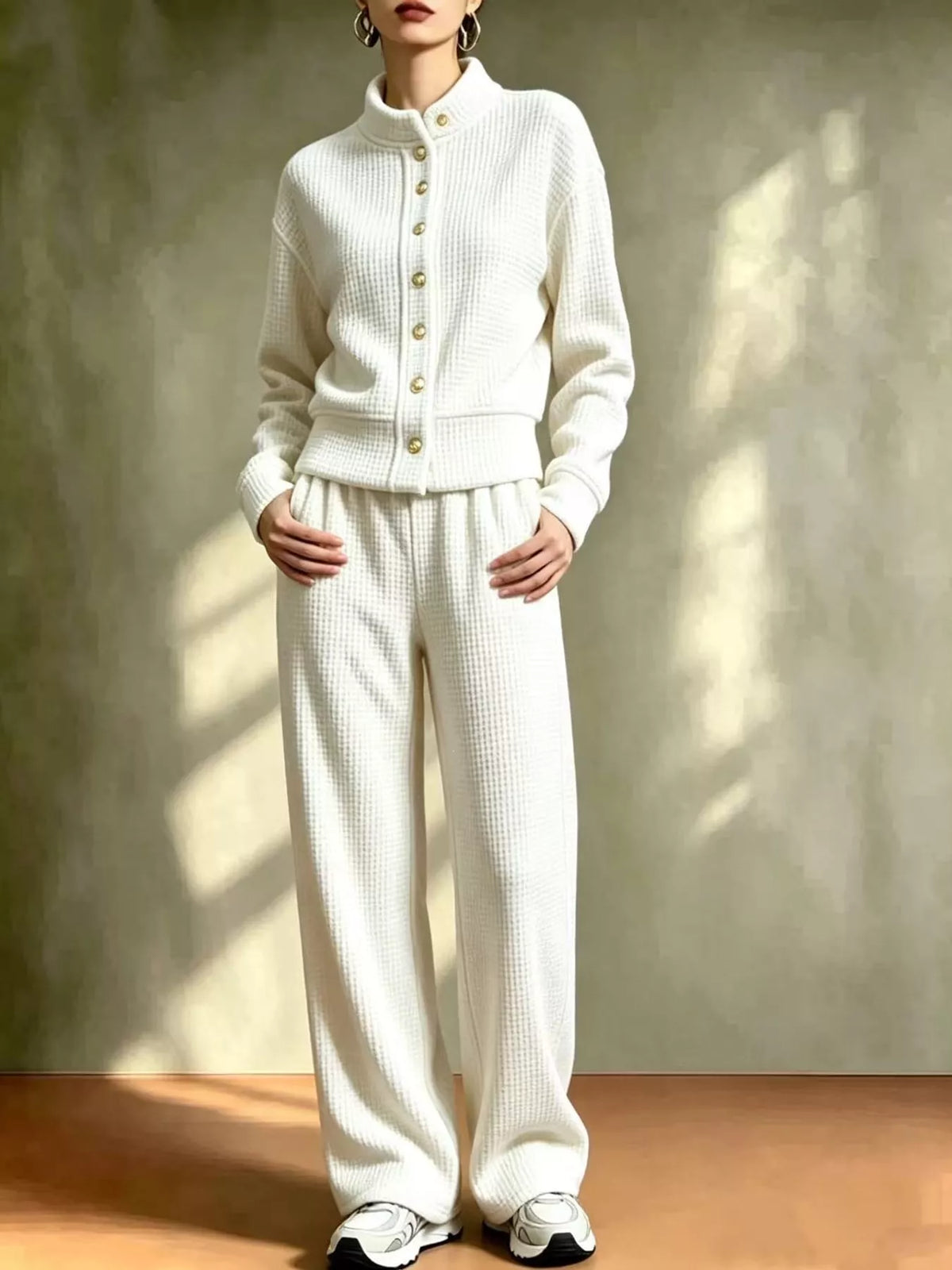 Waffle Knit Button-Up Outerwear and Wide-Leg Pants Set