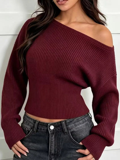 One Shoulder Ribbed Knit Sweater