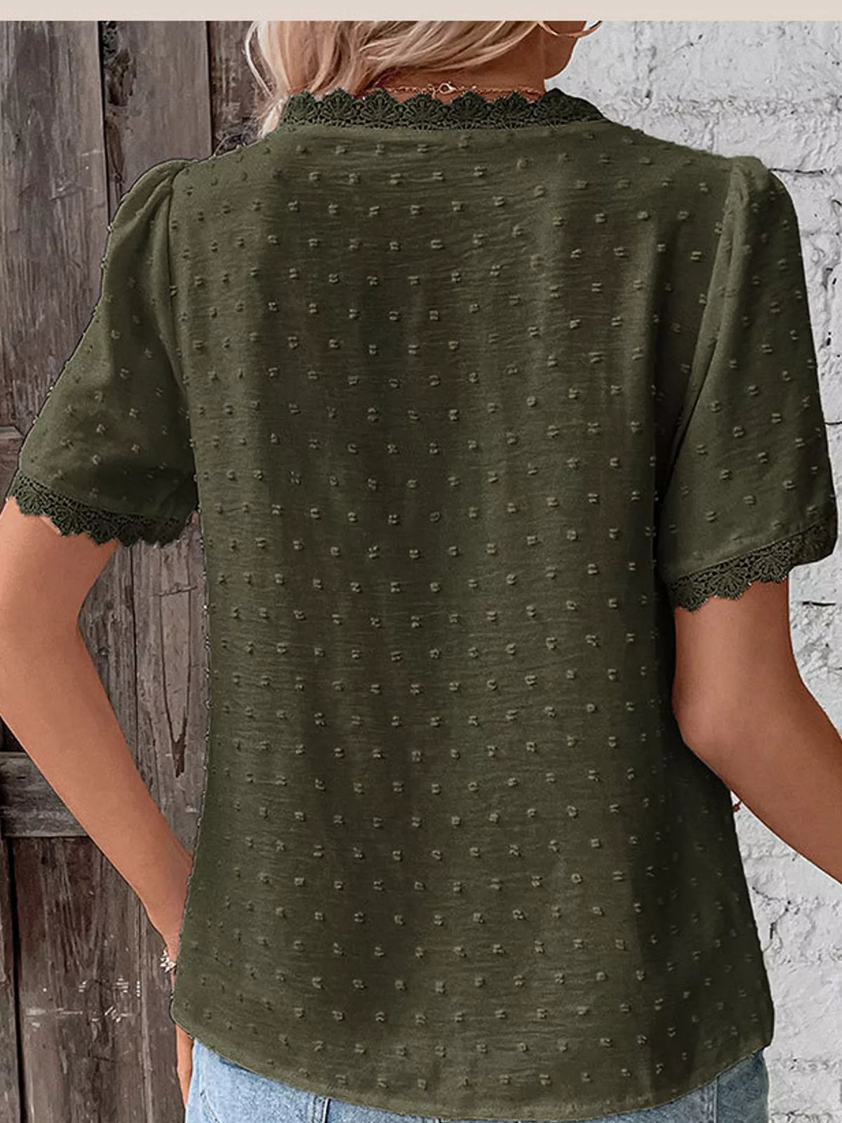 Elegant Swiss Dot V-Neck Blouse with Lace Trim