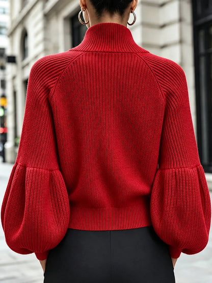 Full Size Elegant Ribbed Knit Zip-Up Cardigan with Lantern Sleeves Plus Size