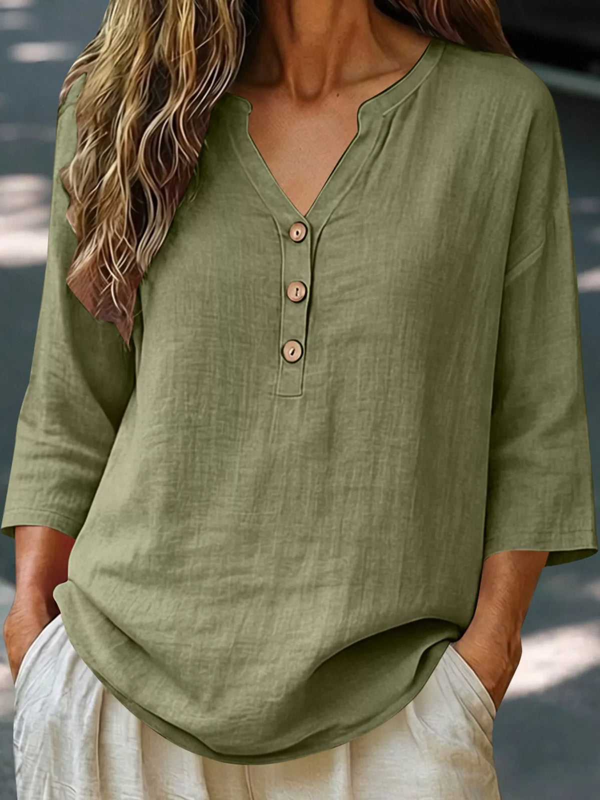 Full Size Button Detail Notched 3/4 Sleeve Blouse Plus Size
