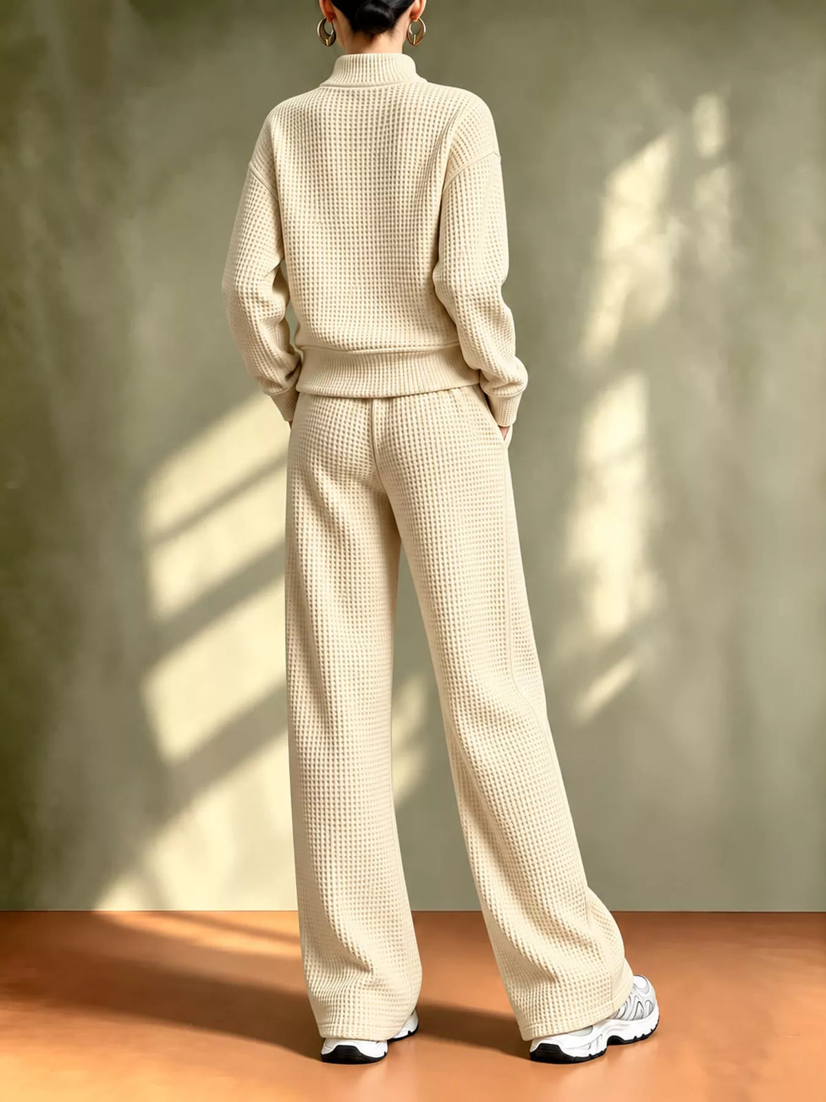 Waffle Knit Button-Up Outerwear and Wide-Leg Pants Set