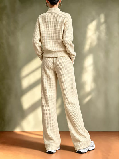 Waffle Knit Button-Up Outerwear and Wide-Leg Pants Set