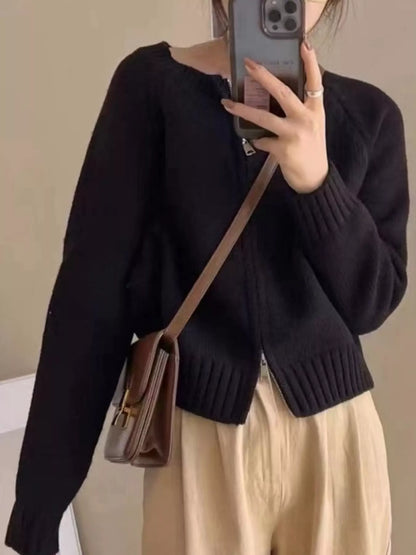 Ribbed Hem Zip-Up Cardigan
