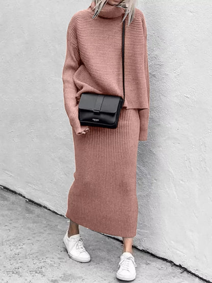 Ribbed Turtleneck Sweater Set with Matching Midi Skirt