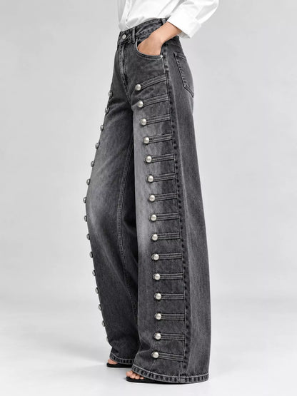 Decorative Button Wide-Leg Jeans