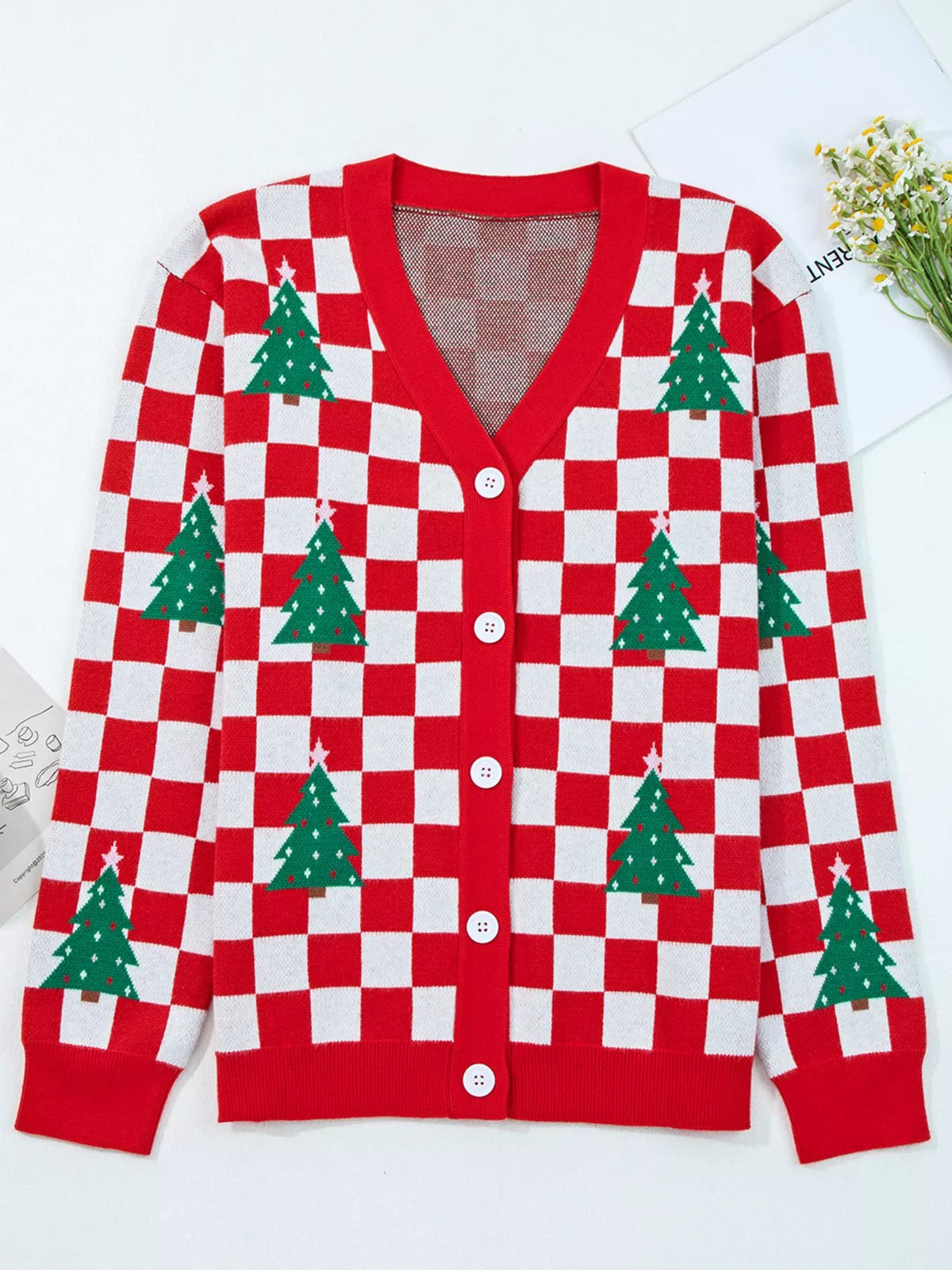 Christmas Tree Pattern Checkered Button V Neck Cardigan