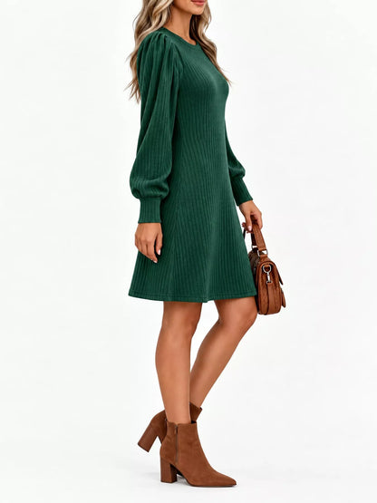 Puff Sleeve Ribbed Knit Dress with Pockets