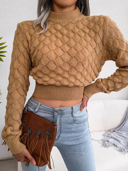 Mock Neck Textured Cropped Sweater