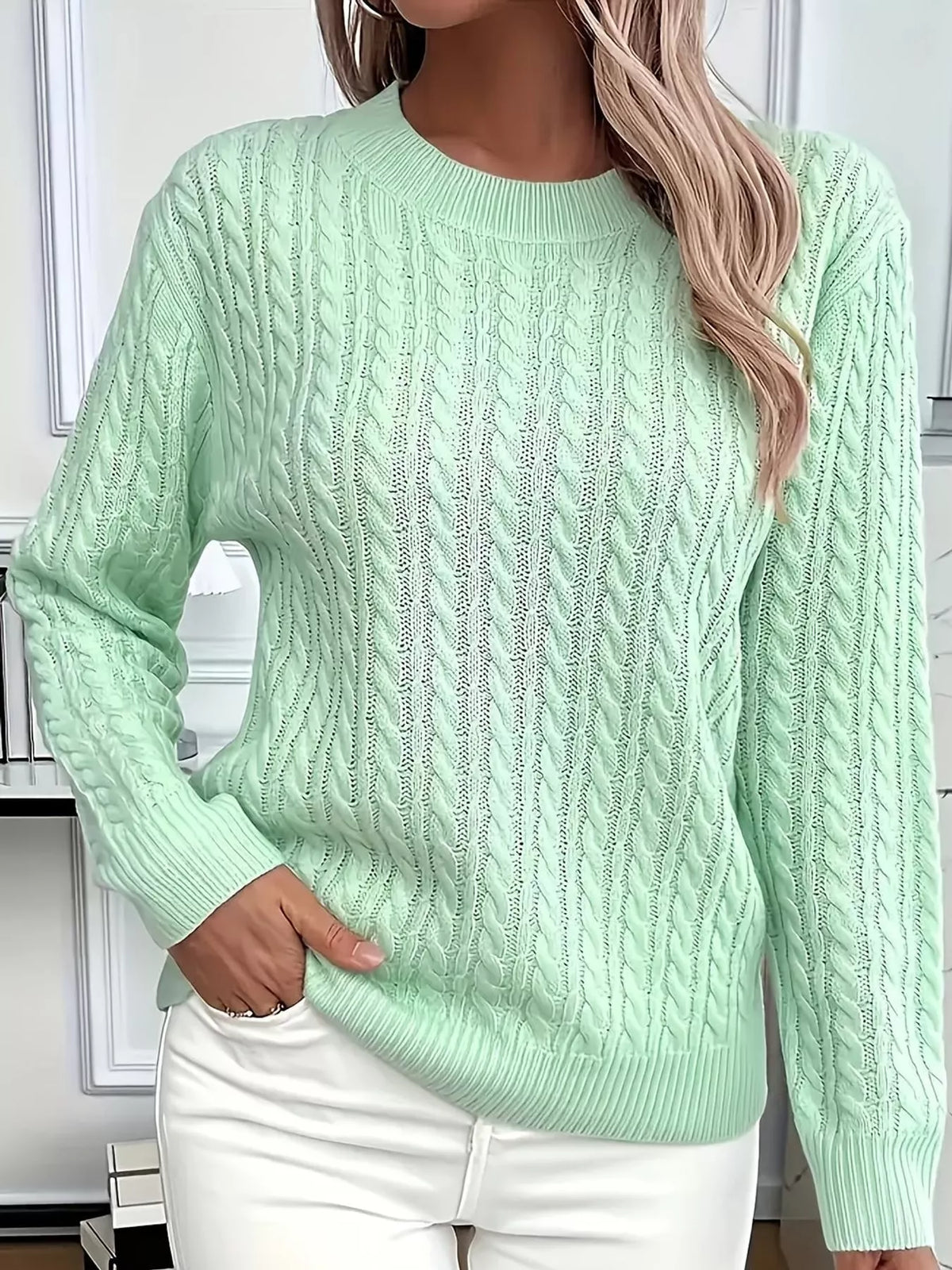 Full Size Cable Knit Round Neck Sweater Plus Size