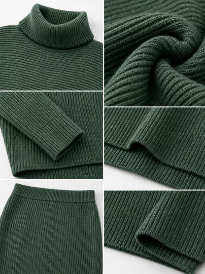 Ribbed Turtleneck Sweater Set with Matching Midi Skirt