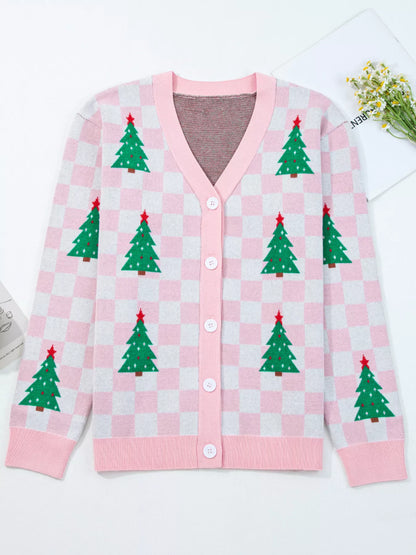 Christmas Tree Pattern Checkered Button V Neck Cardigan