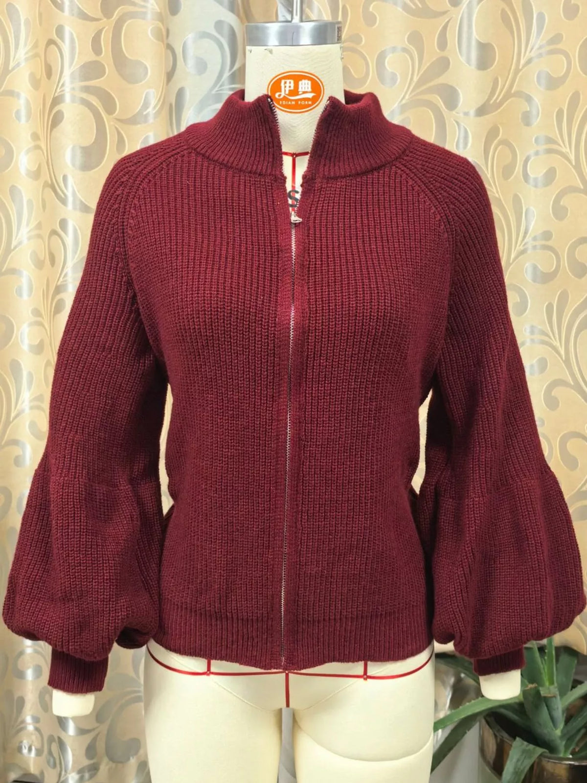 Full Size Elegant Ribbed Knit Zip-Up Cardigan with Lantern Sleeves Plus Size