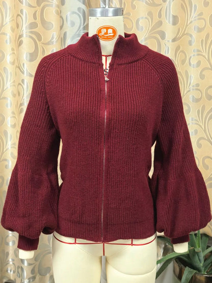 Full Size Elegant Ribbed Knit Zip-Up Cardigan with Lantern Sleeves Plus Size