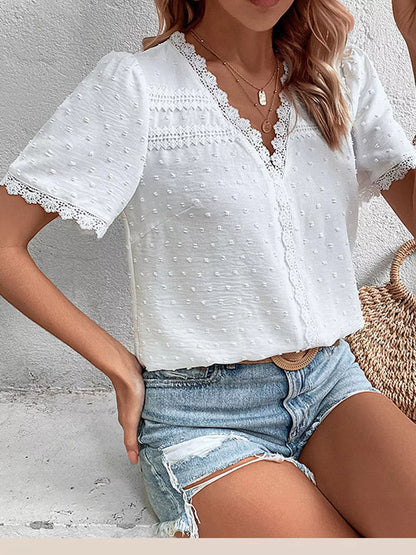 Elegant Swiss Dot V-Neck Blouse with Lace Trim