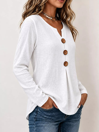 Full Size Long Sleeve Blouse with Decorative Wooden Buttons Plus Size