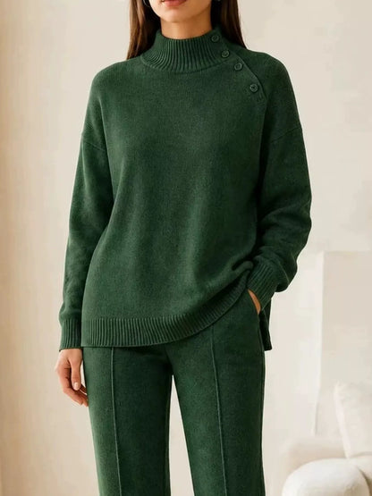 Mock Neck Button-Detail Sweater and Pants Set