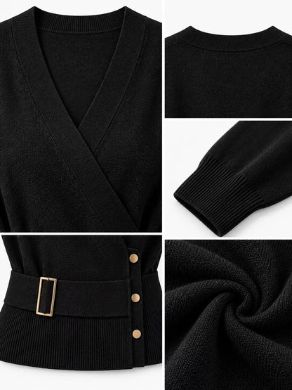 Surplice Elastic Waist Long Sleeve Knit Top