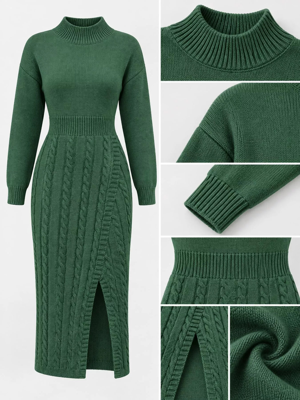 Full Size Mock Neck Cable Knit Sweater Dress with Front Slit Plus Size