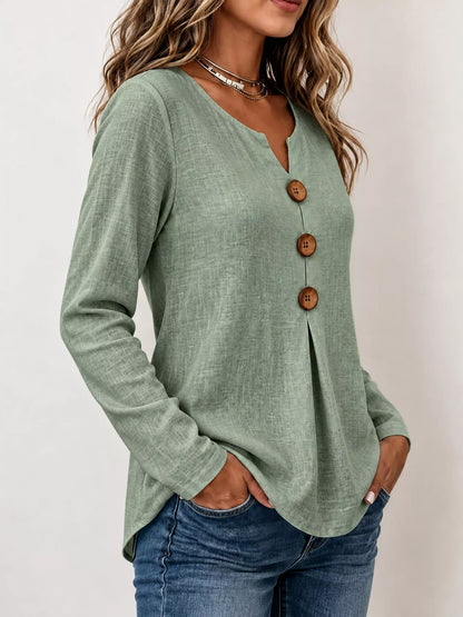 Full Size Long Sleeve Blouse with Decorative Wooden Buttons Plus Size