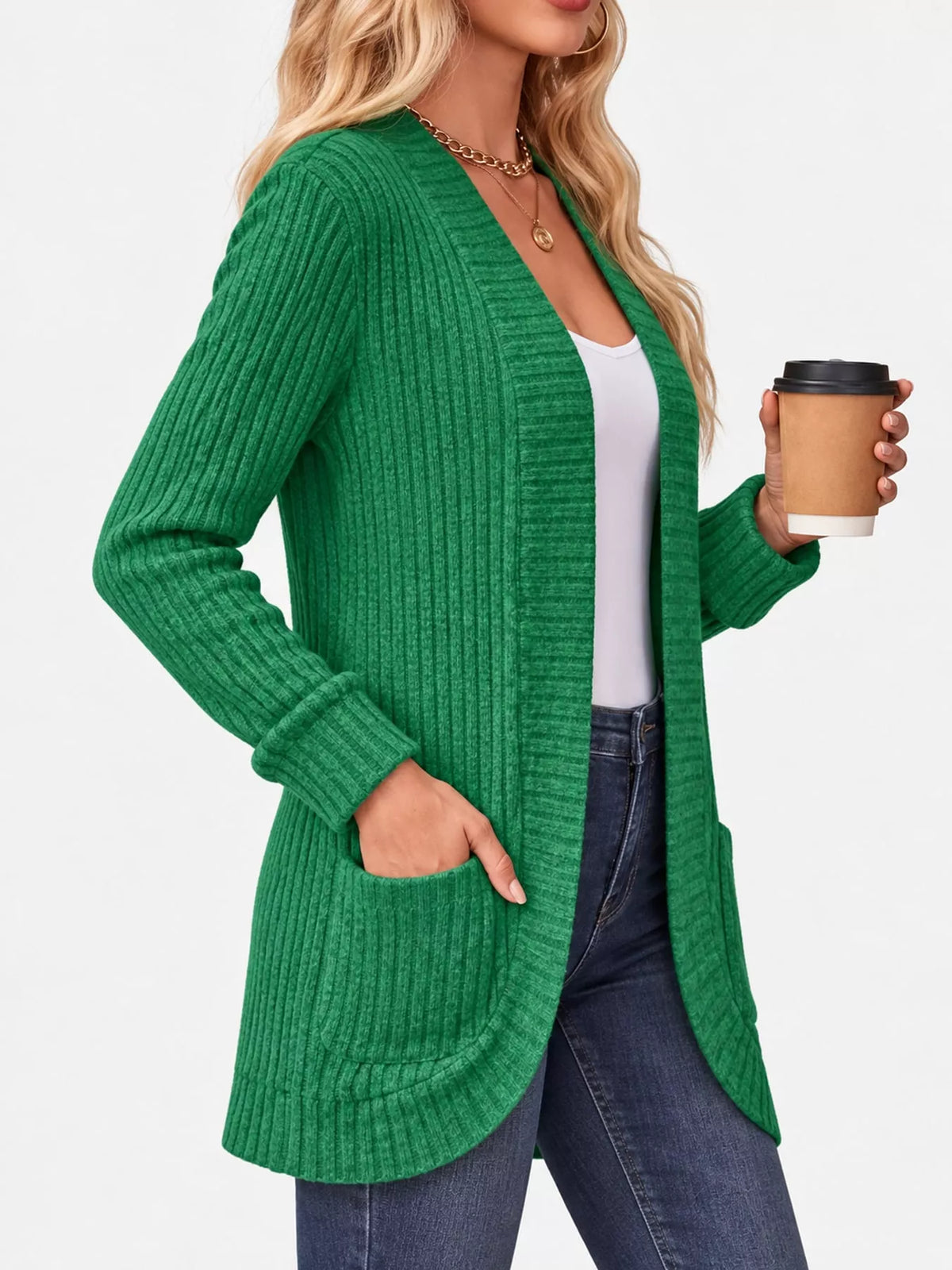 Full Size Classic Ribbed Open-Front Longline Cardigan Plus Size