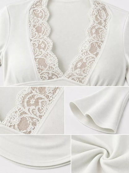 Lace Trim V-Neck Long Sleeve Slim Fit T-Shirt