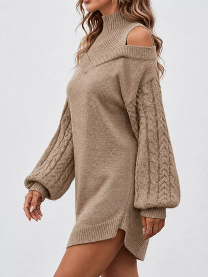 Cold Shoulder Cable Knit Mock Neck Sweater Dress