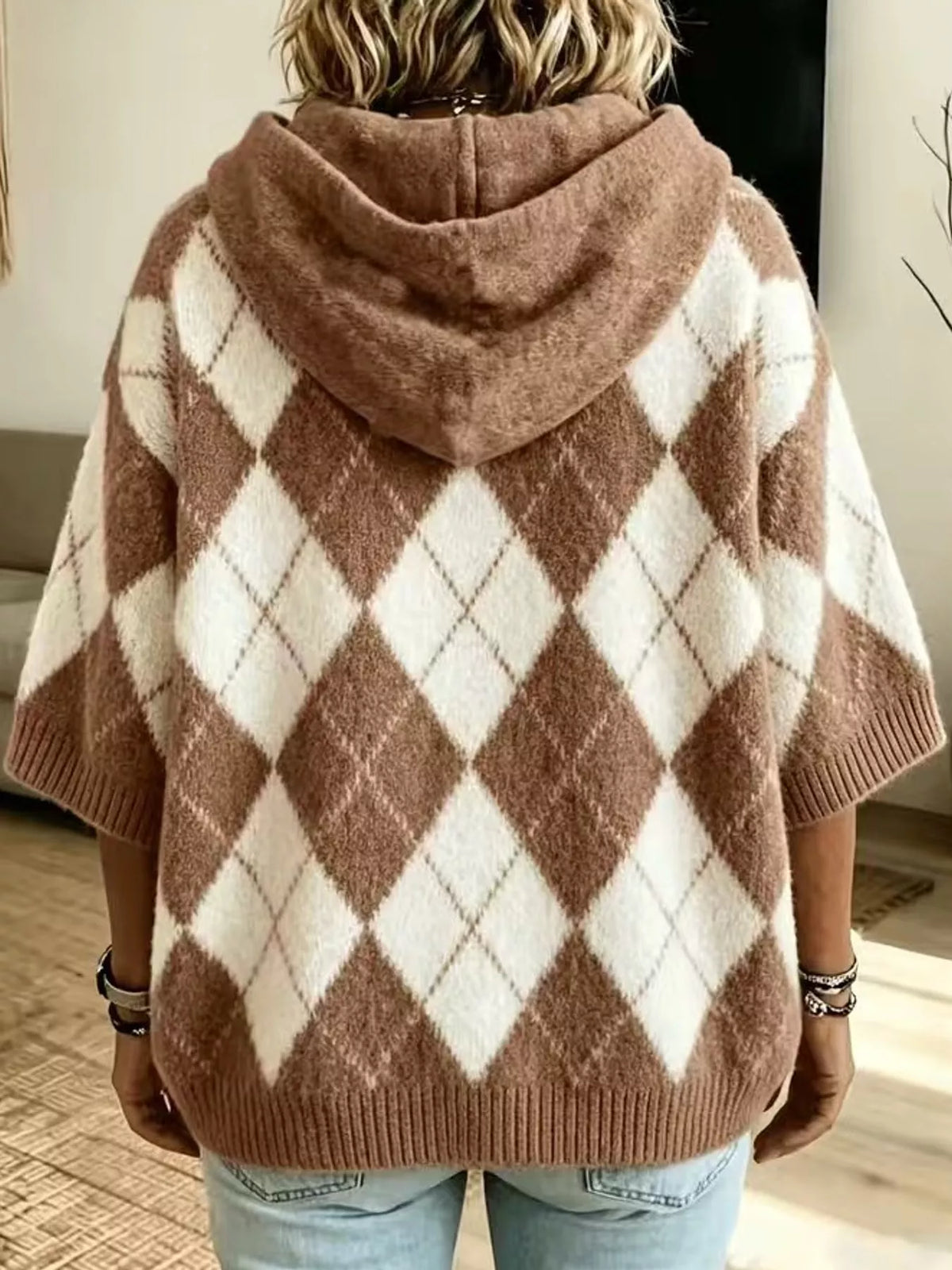 Full Size Argyle Pattern Hooded Sweater Plus Size