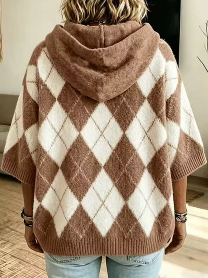 Full Size Argyle Pattern Hooded Sweater Plus Size