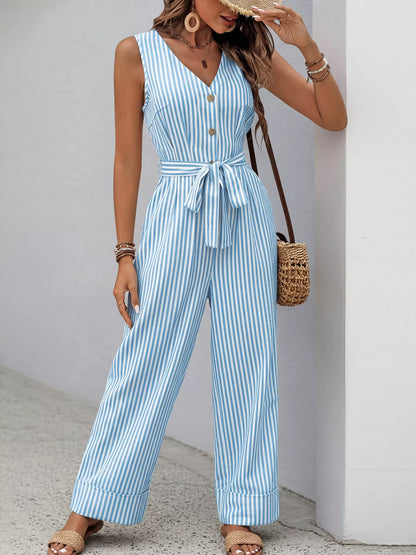 Sleeveless Striped V-Neck Jumpsuit