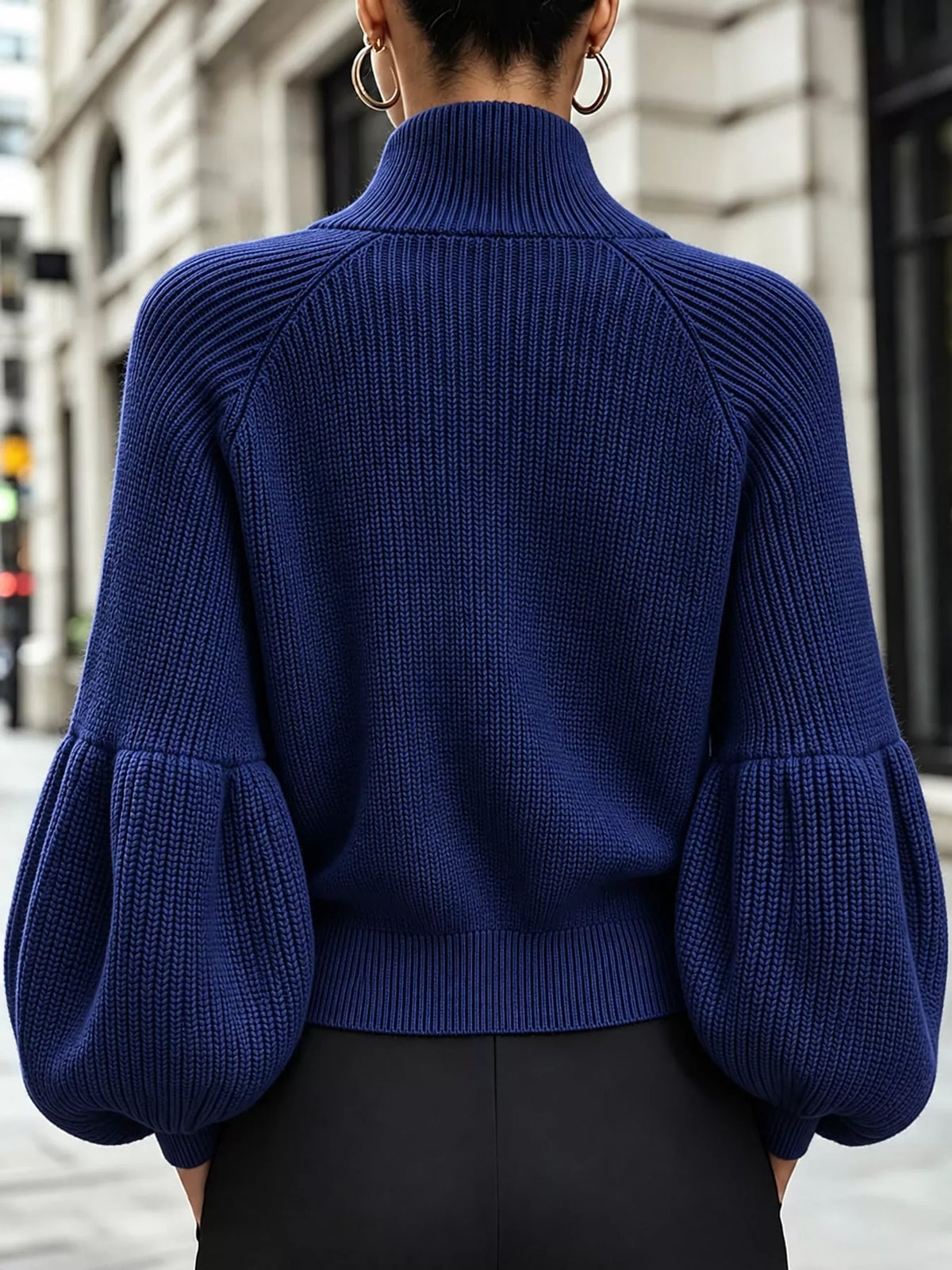 Full Size Elegant Ribbed Knit Zip-Up Cardigan with Lantern Sleeves Plus Size