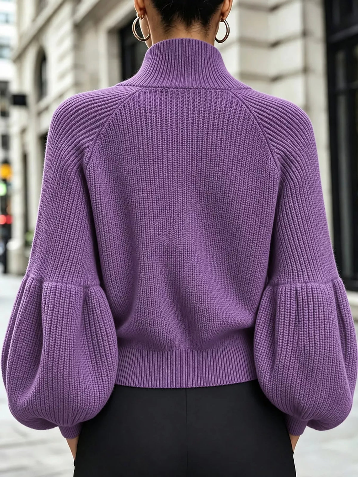 Full Size Elegant Ribbed Knit Zip-Up Cardigan with Lantern Sleeves Plus Size