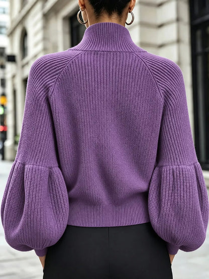 Full Size Elegant Ribbed Knit Zip-Up Cardigan with Lantern Sleeves Plus Size