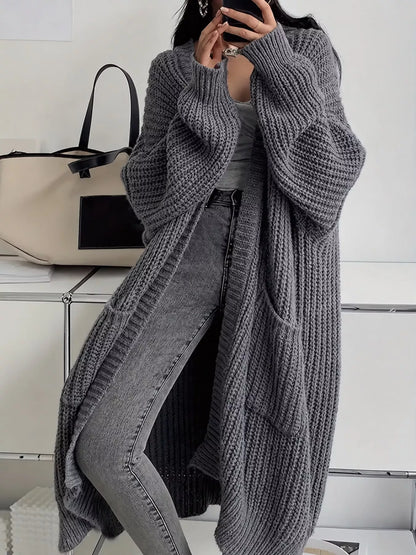 Full Size Chunky Knit Openwork Front Longline Cardigan Plus Size