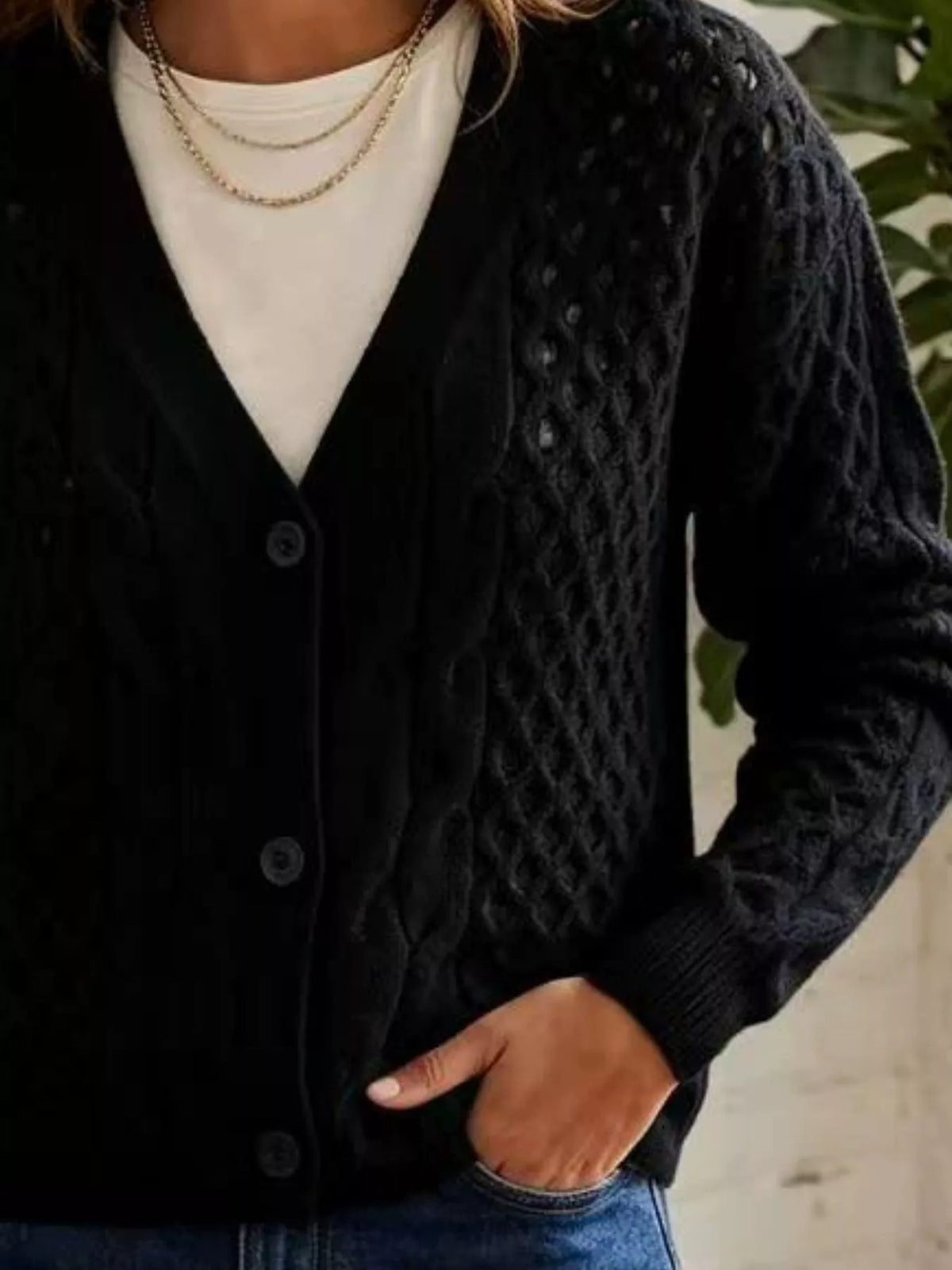 Cable-Knit V-Neck Button-Down Cardigan