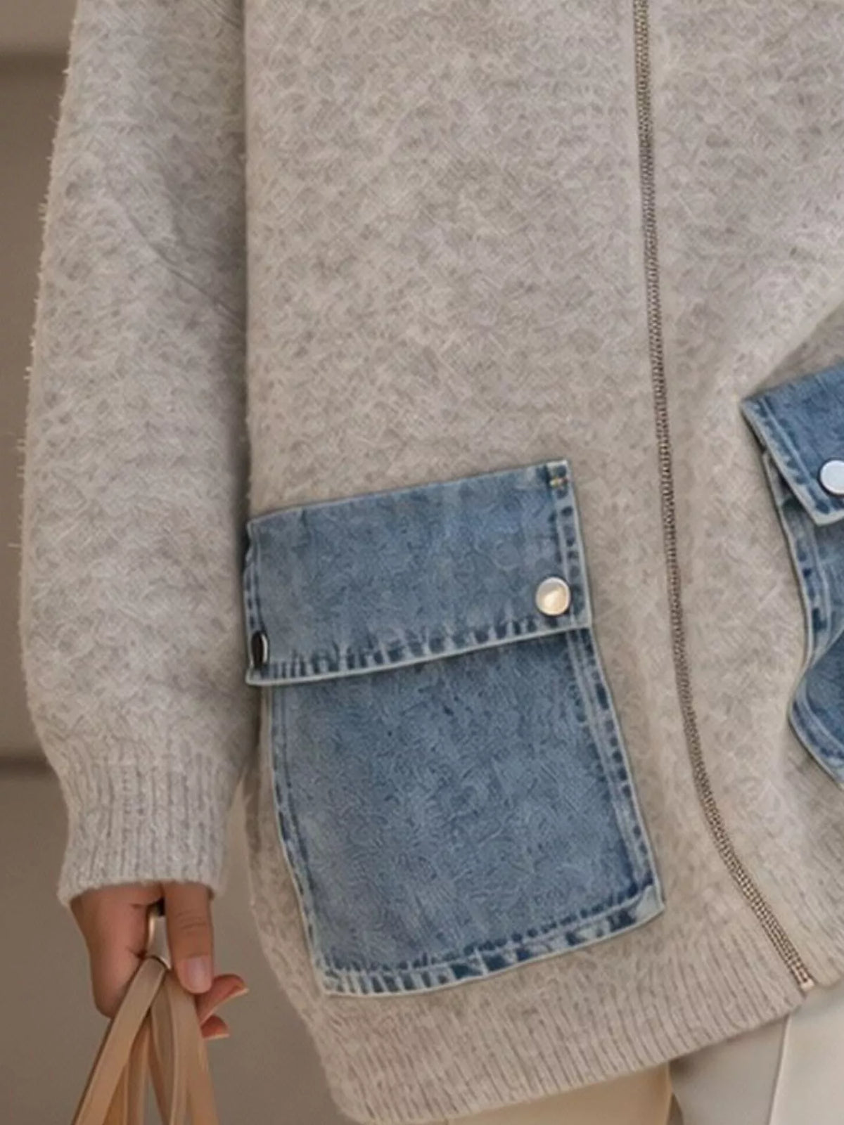 Contrast Denim Pockets Hooded Cardigan
