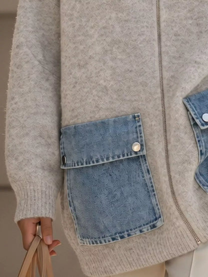 Contrast Denim Pockets Hooded Cardigan