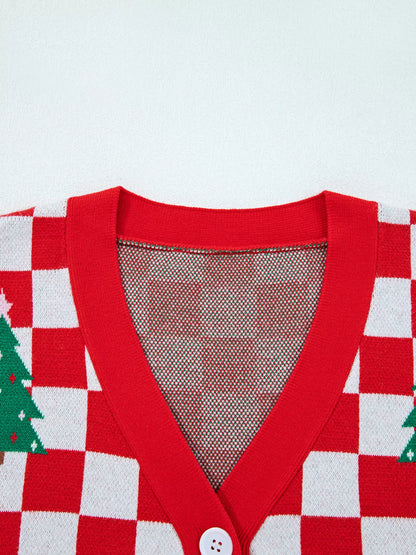 Christmas Tree Pattern Checkered Button V Neck Cardigan
