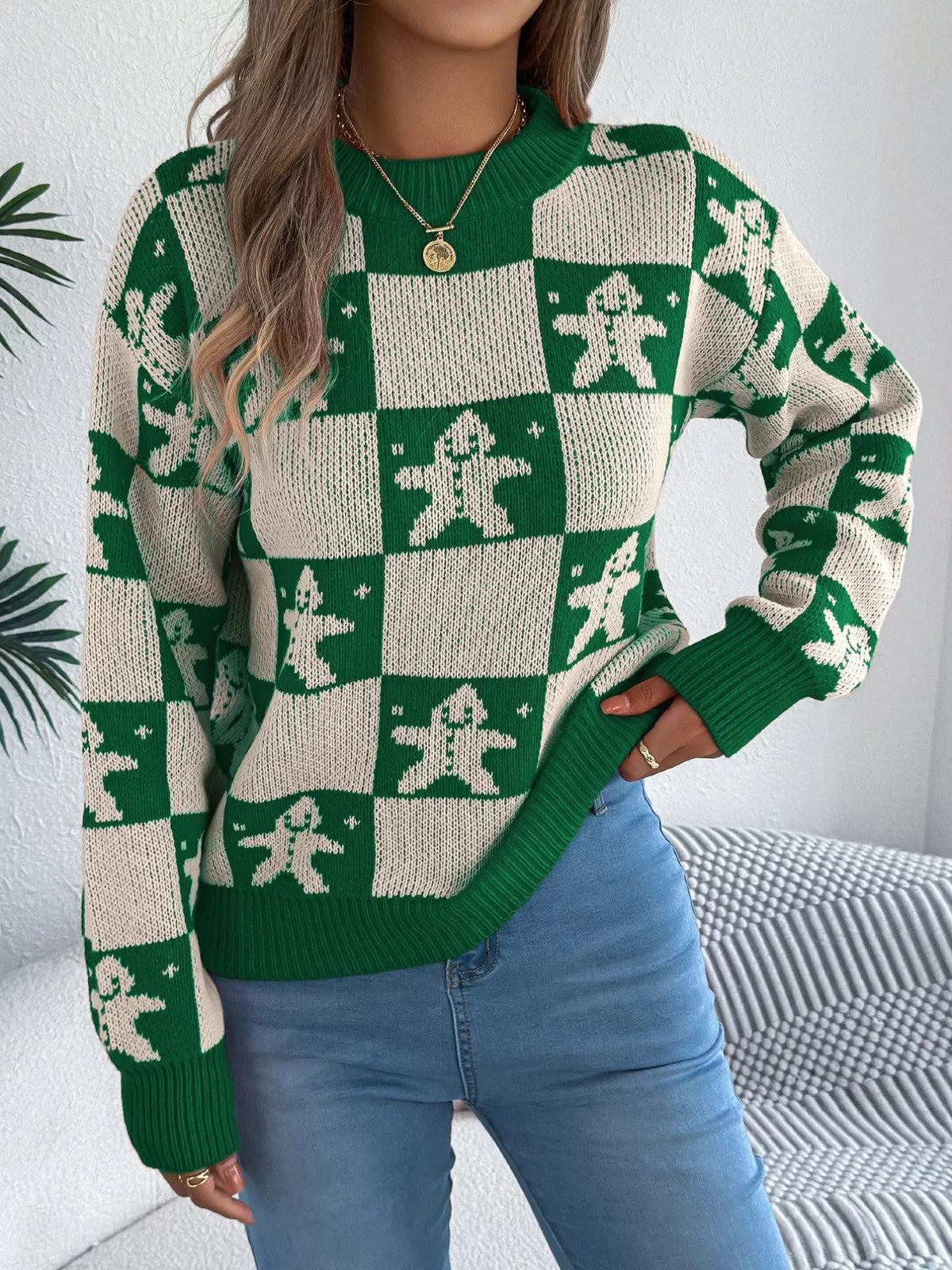 Christmas Checkerboard Gingerbread Round Neck Sweater