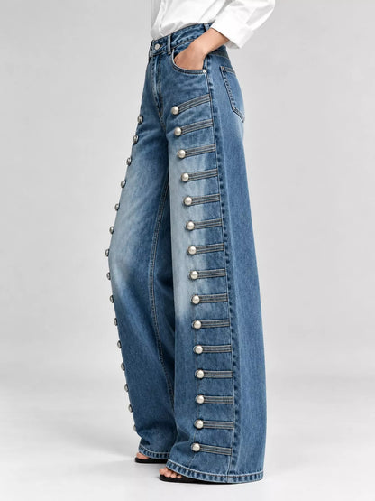 Decorative Button Wide-Leg Jeans