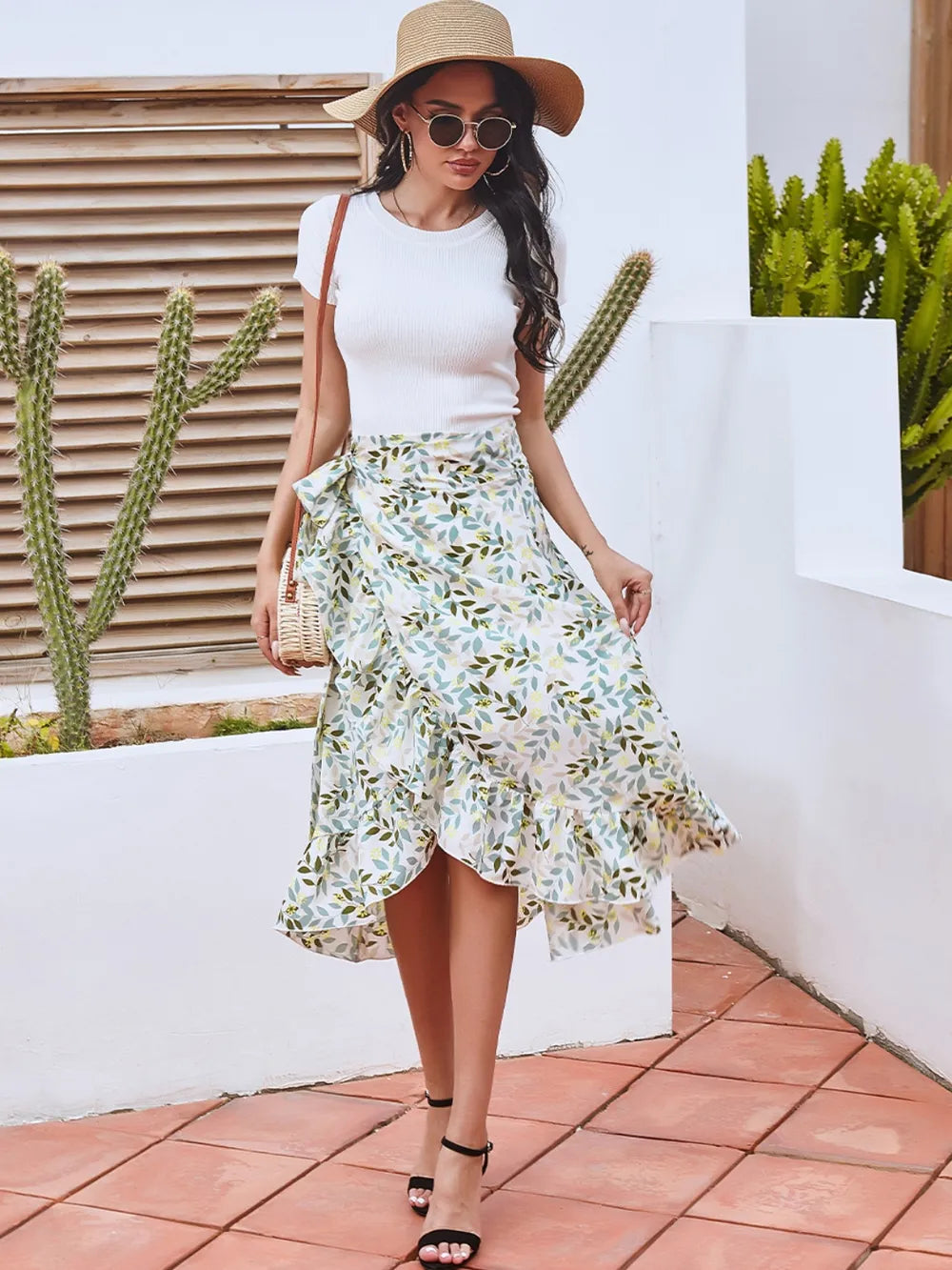 Printed Ruffled Midi Skirt
