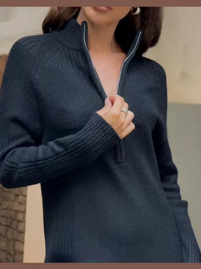 Half-Zip Ribbed Knit Sweater Dress