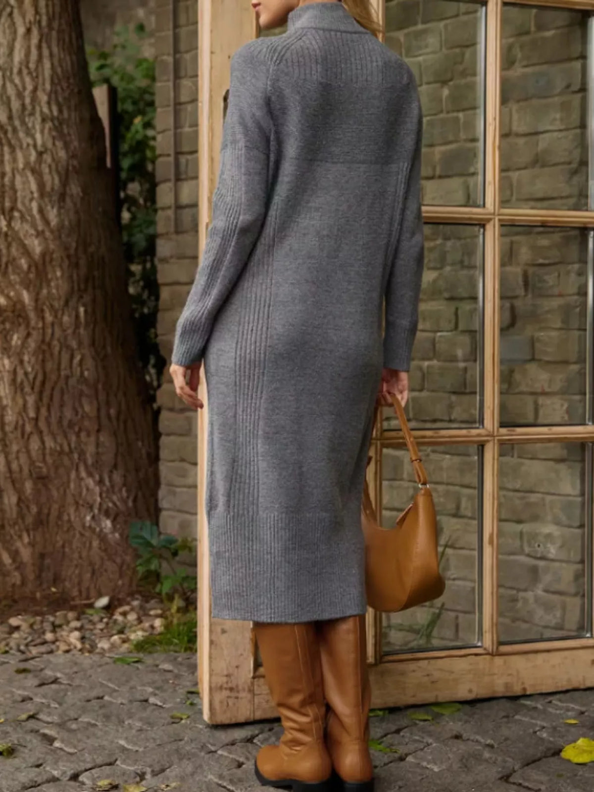 Half-Zip Ribbed Knit Sweater Dress